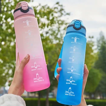 Портативная матовая градиентная мотивирующая бутылка для питья, герметичная для школы и офиса на открытом воздухе, 1000 мл, спортивная бутылка для воды, чашка 1