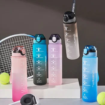 Портативная матовая градиентная мотивирующая бутылка для питья, герметичная для школы и офиса на открытом воздухе, 1000 мл, спортивная бутылка для воды, чашка 2