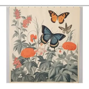 Занавеска для душа с цветочной фантазией в виде бабочки, водонепроницаемая, элегантная для ванной комнаты с крючками 12 шт. 1