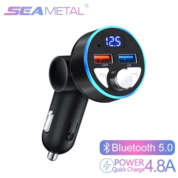 Автомобильный FM-передатчик Bluetooth 5.0 4.8A, автомобильное зарядное устройство для быстрой зарядки, аудиоприемник громкой связи, автоматический MP3-плеер, двойной USB-светодиодный вольтметр 1