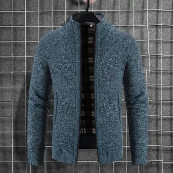 Мужское осенне-зимнее пальто со стоячим воротником, вязаный толстый кардиган, эластичные длинные рукава, застежка-молния, Мягкий мужской свитер, куртка 2