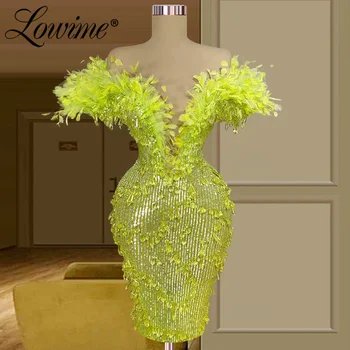 Короткое вечернее платье с зелеными перьями и блестками, женские коктейльные платья 2022, платья для выпускного вечера, расшитые бисером, На заказ 1