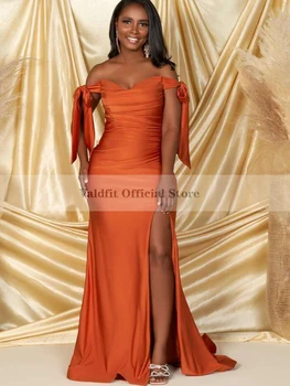 Длинные африканские платья подружек невесты цвета русалки для девочек ярко-оранжевого цвета с разрезом, элегантное атласное платье для женщин для свадебной вечеринки 1