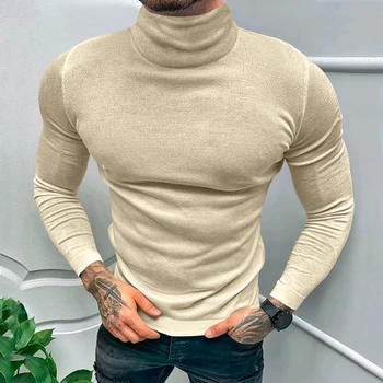 Мужская однотонная футболка с высоким воротом 2024 года, осенне-зимняя базовая рубашка, мужской вязаный свитер, пуловер корейской версии. 1
