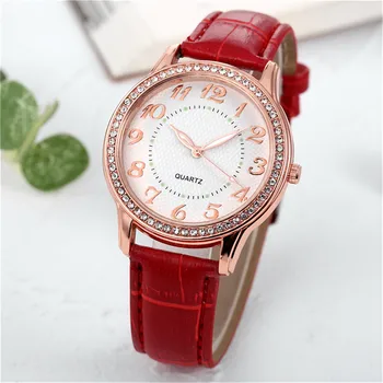 Модные женские часы 2023 года, роскошные часы с кожаным ремешком с круглым бриллиантом, высококачественные Модные повседневные часы на ремне Relojes Para Mujer 1