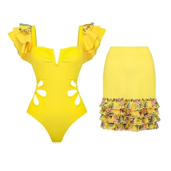 2023 Новый цельный купальник и юбка в стиле ретро с рюшами и вырезами, летние купальники, женская пляжная одежда, купальный костюм 1