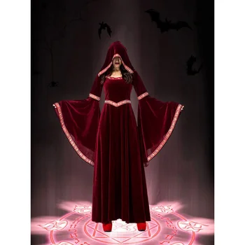 Средневековая Ретро Готическая толстовка с капюшоном Длинная юбка Ведьмы Роскошное женское вечернее платье Косплей Костюм вампира на Хэллоуин для взрослых 2