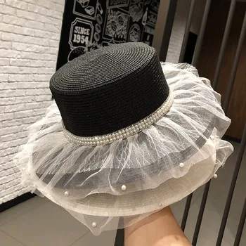 Корейская кружевная шляпа с жемчужным верхом, соломенная шляпа, женская летняя шляпа для пикника, солнцезащитный козырек, Японский стиль, универсальная соломенная шляпа 1