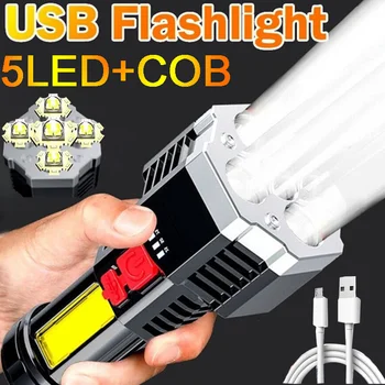 Мощные светодиодные фонари, перезаряжаемые через USB, мощная вспышка, фонарик, подсветка, тактическое освещение, светодиодные фонари COB 1