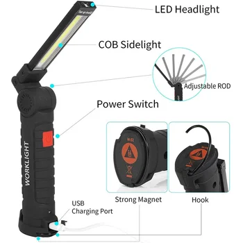 Многофункциональный складной рабочий фонарь COB LED для кемпинга, портативный фонарь, перезаряжаемый через USB, со встроенным аккумулятором 1