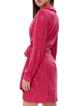 Женское платье с глубоким V-образным вырезом и пайетками, рубашка с длинным рукавом и отворотом, блестящая рубашка с запахом, вечернее коктейльное платье 2