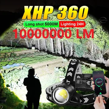 10000000LM Новейшая мощная светодиодная фара XHP360 USB Перезаряжаемая Фара Прожектор 5000 м Головной фонарик Zoom Рыболовный головной фонарь 1
