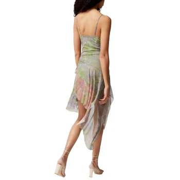 Женское Элегантное Облегающее платье с Цветочным Принтом, Бретельками-Спагетти, Нерегулярными Оборками, кисточками и длиной Мини - Идеально подходит для 2