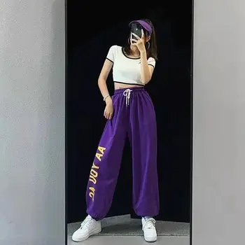 Фиолетовые спортивные штаны с крутым хип-хоп буквенным принтом, свободная Корейская пара, повседневные брюки для джазовых танцев, джоггеры, женские брюки 1